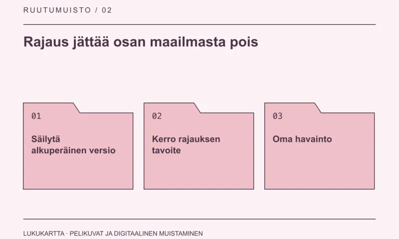 Lukukartta: Rajaus jättää osan maailmasta pois. Säilytä alkuperäinen versio, Kerro rajauksen tavoite, Oma havainto.