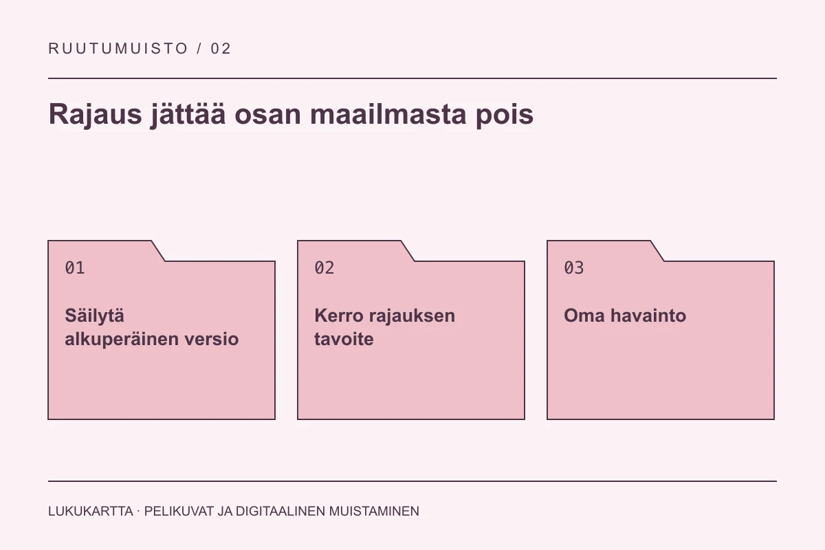 Lukukartta: Rajaus jättää osan maailmasta pois. Säilytä alkuperäinen versio, Kerro rajauksen tavoite, Oma havainto.