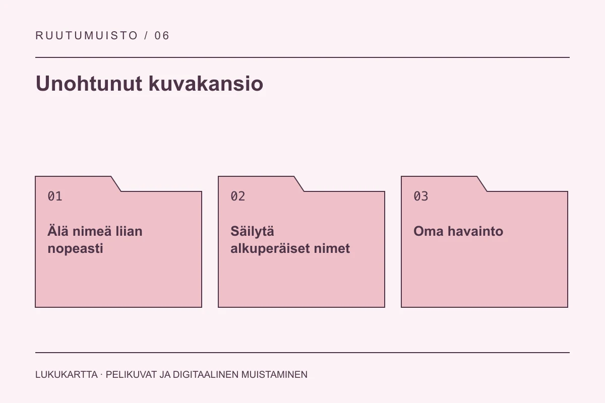 Lukukartta: Unohtunut kuvakansio. Älä nimeä liian nopeasti, Säilytä alkuperäiset nimet, Oma havainto.