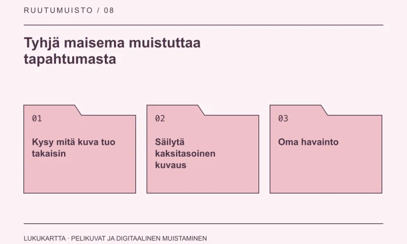 Lukukartta: Tyhjä maisema muistuttaa tapahtumasta. Kysy mitä kuva tuo takaisin, Säilytä kaksitasoinen kuvaus, Oma havainto.